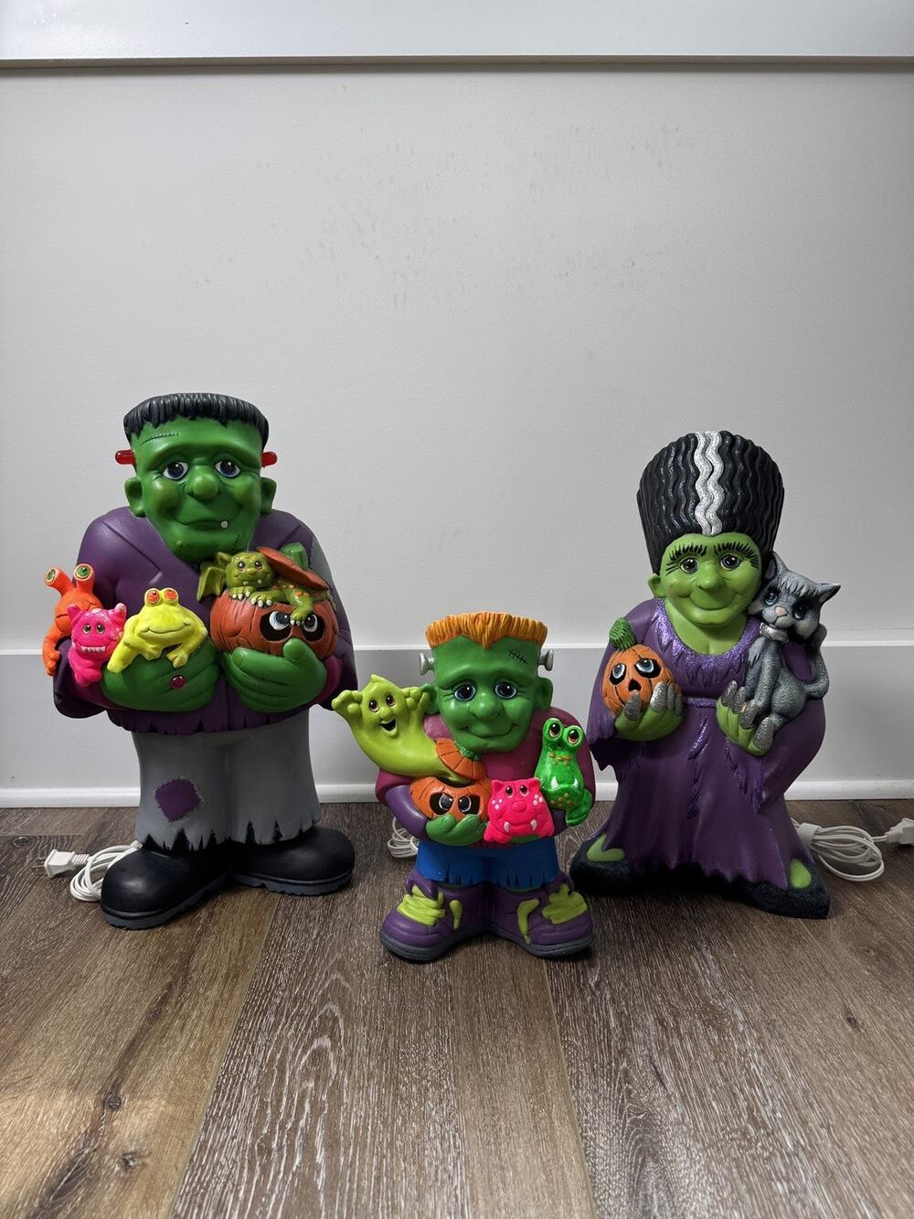 Vintage Halloween Ceramic Frankenstein Family Figures Lights Up & Plays Sounds